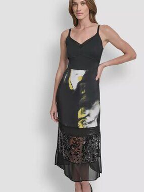 New! DKNY Capsule Collection Sequin Mesh Abstract Midi Slip Dress size 8 NWT
